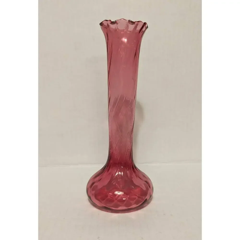 Vintage Pilgrim Cranberry Long Neck Vase scalloped edge Pink swirl Glass Decor - Picture 2 of 4